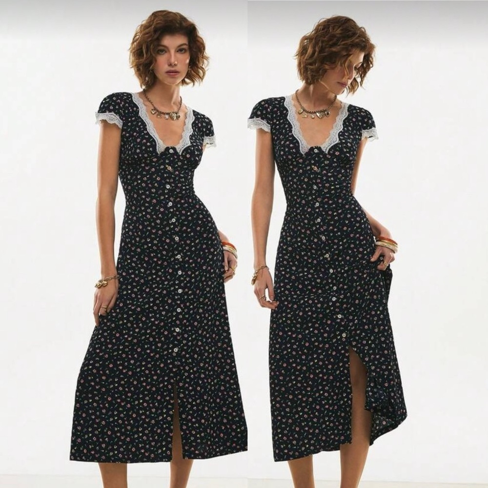 Floral Lace-Trim Cap Sleeve Button Down Vintage Style Dress